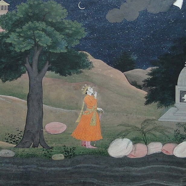 Megh Dutam Illustration, a watercolor painting of a figure gazing up at a crescent moon