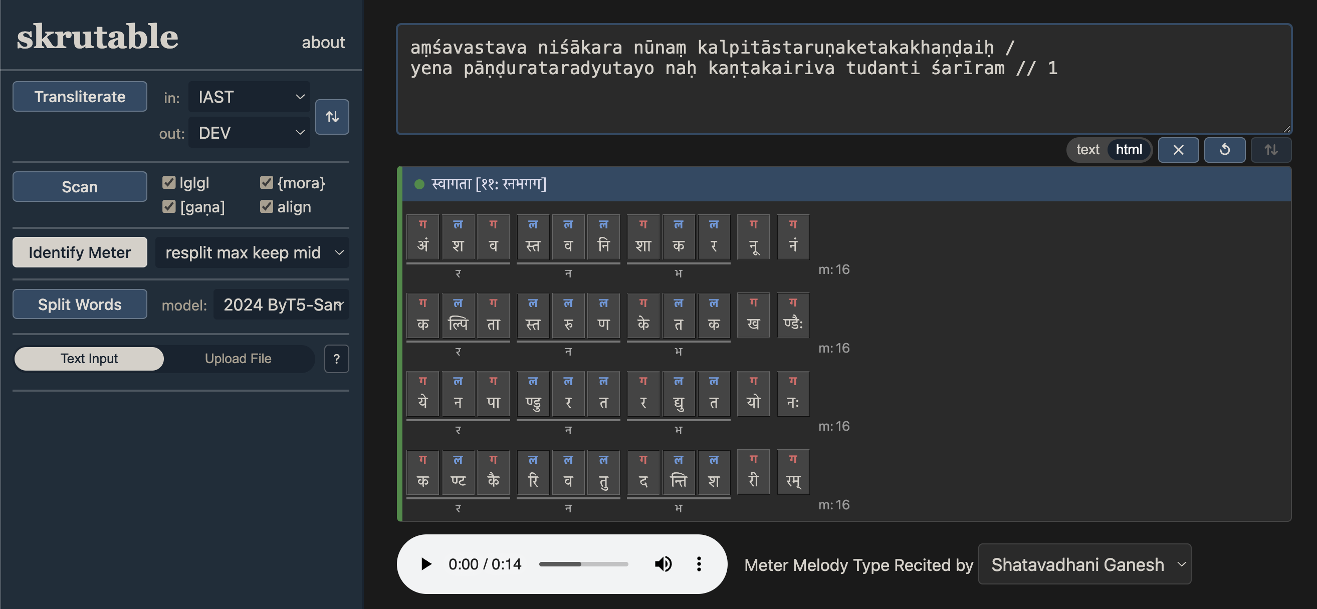 Skrutable's improved HTML meter identification output