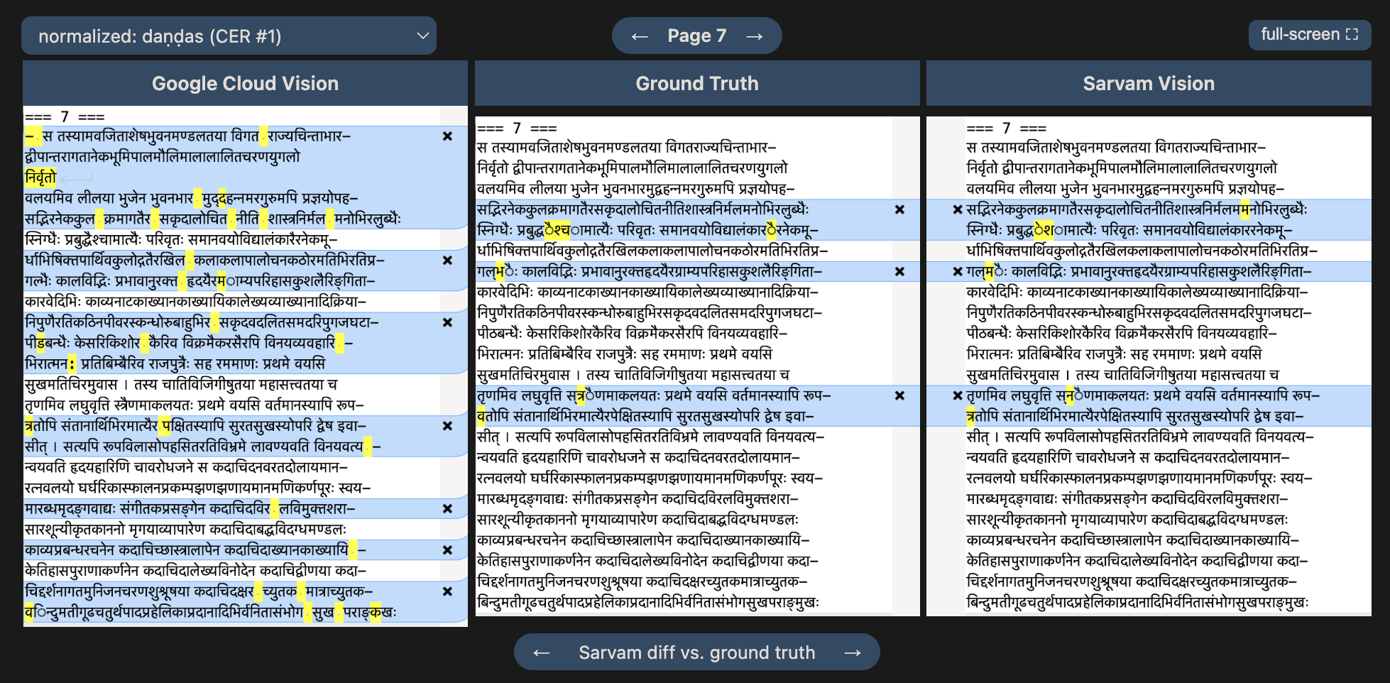 Comparison triptych of Cloud Vision and Sarvam Vision OCR output against ground truth